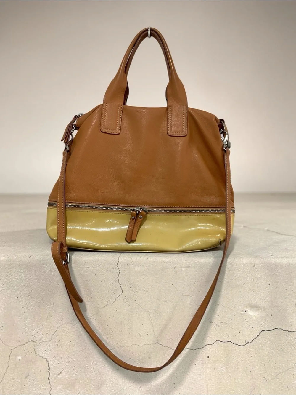 Two-Tone Leather and Patent Leather Satchel Bag in Brown and Yellow